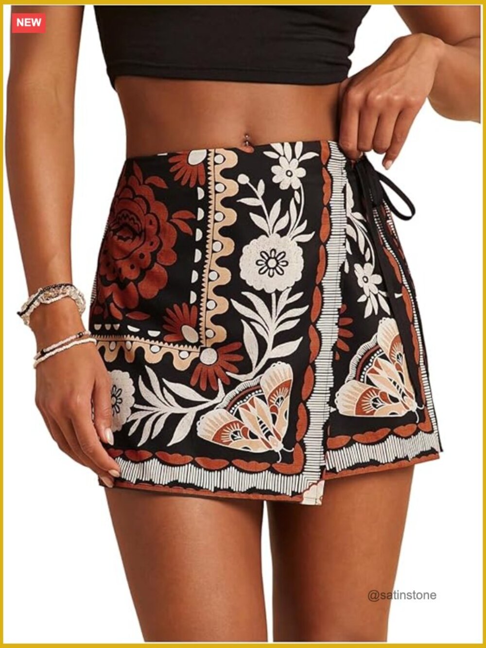 Floral Boho Wrap Skort with Elastic Waist and Self-Tie